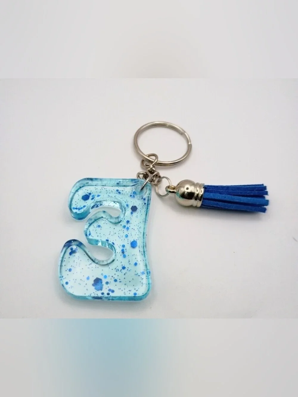 Blue Glitter Resin Letter E Keychain with Tassel